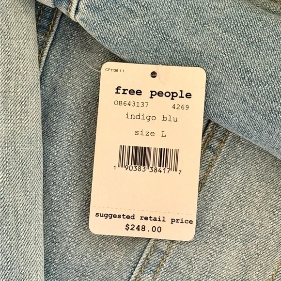 Free People Glam Embellished Denim Blue Jean Jacket (L) NEW - Picture 4 of 5